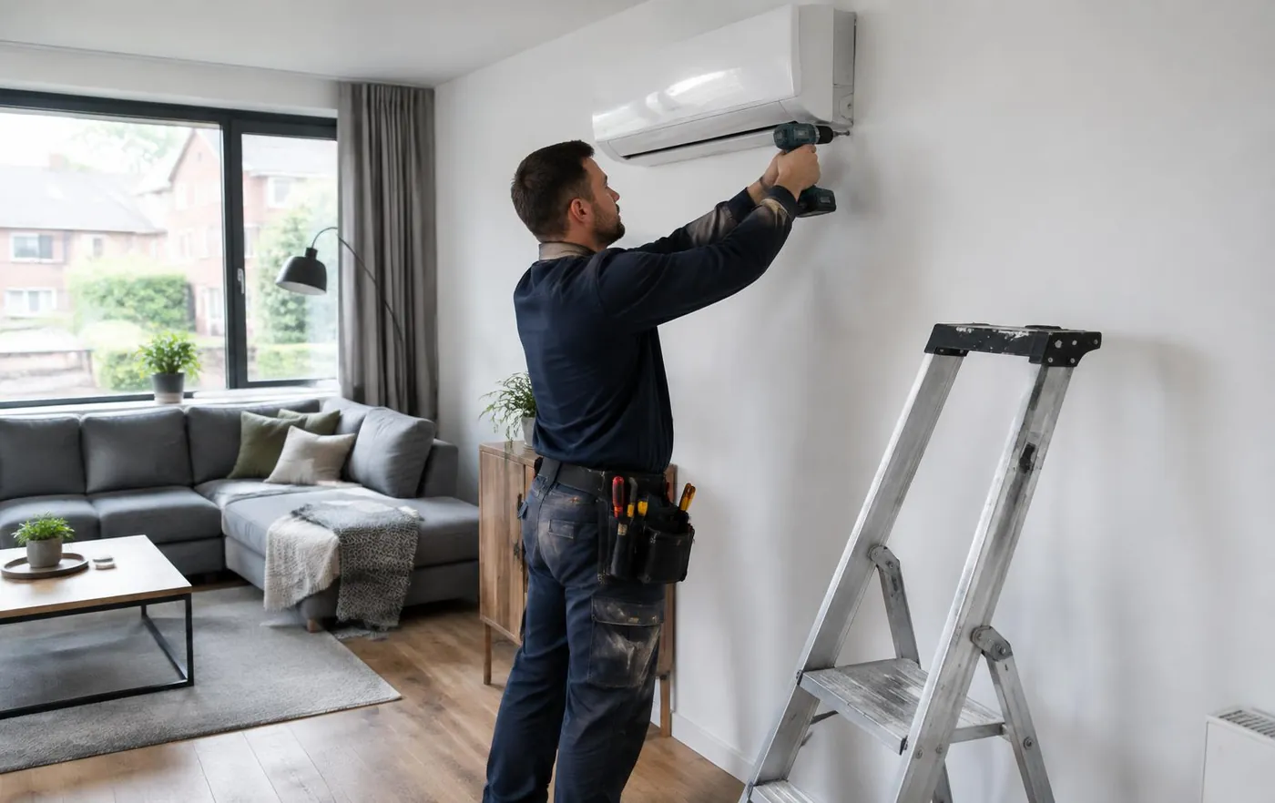 Monteur plaatst het binnendeel in de woonkamer